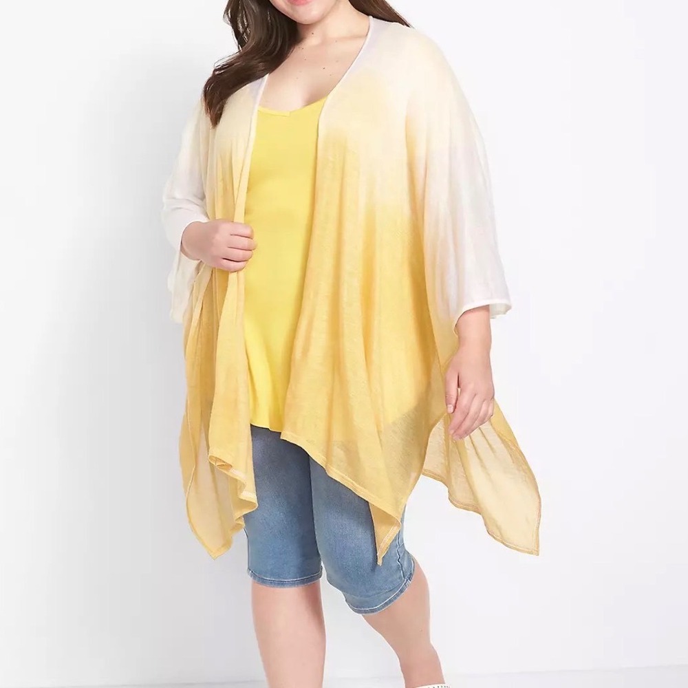 Lane‎ Bryant Yellow White Ombre Dip Dye Open Front Poncho Cardigan Sweater 14/20